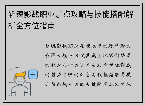 斩魂影战职业加点攻略与技能搭配解析全方位指南